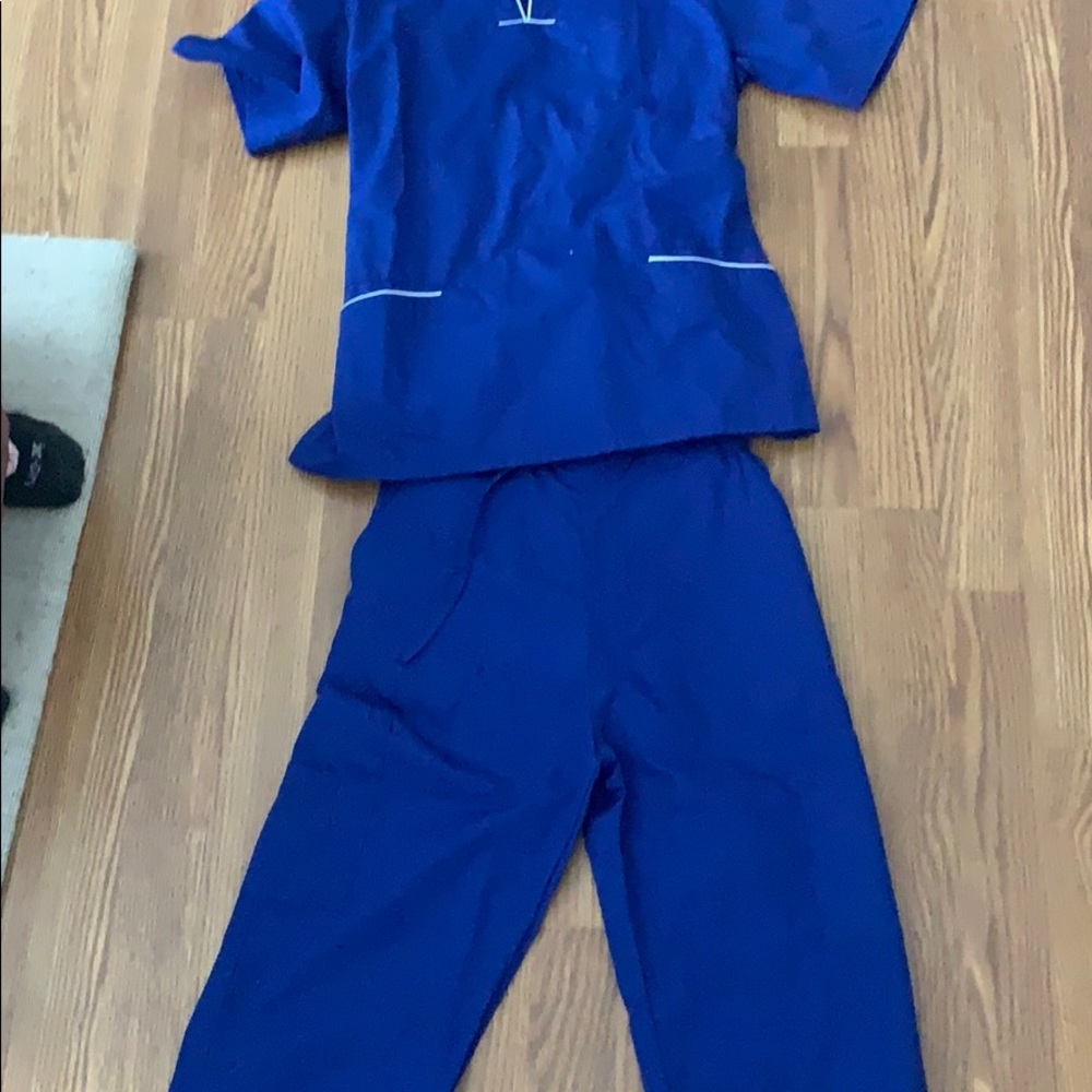 Royal blue scrubs.